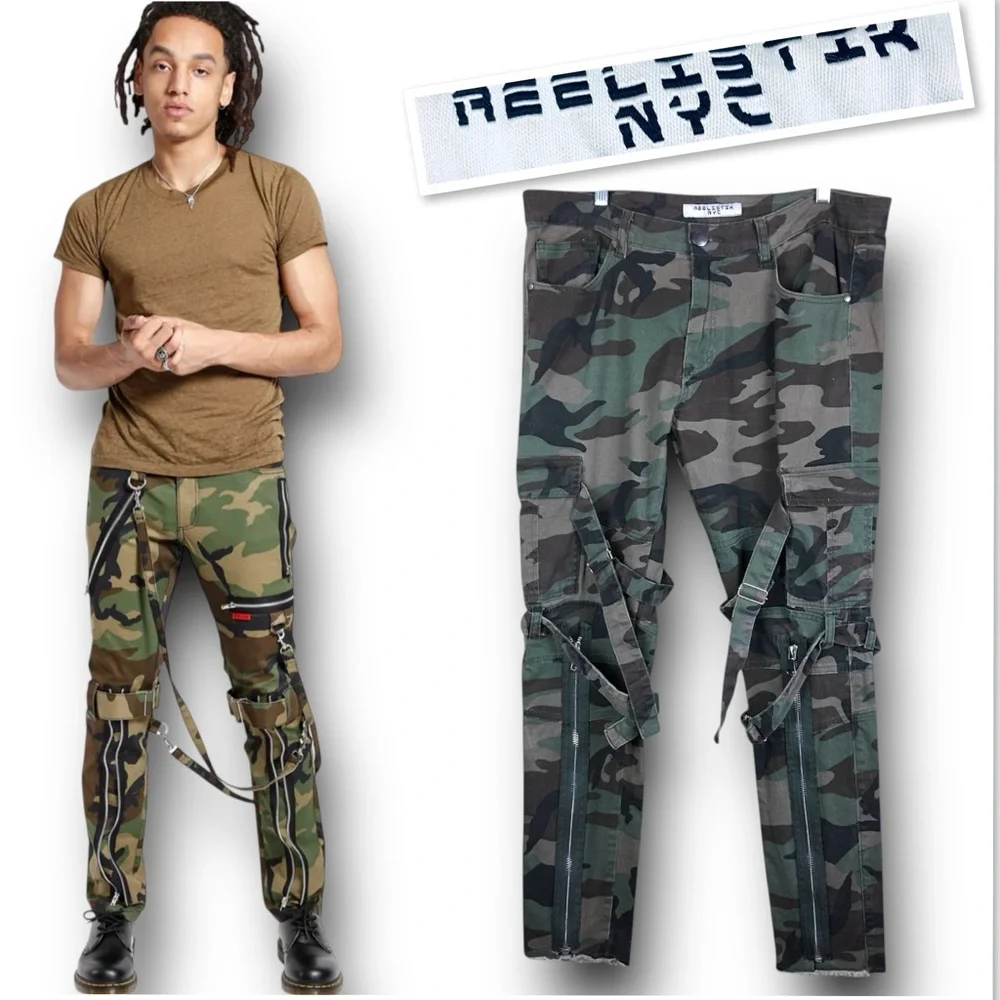 Reelistik NYC Green Camo Cargo Jeans-Army Stretch Zipper Cargo Split Jeans Sz 36